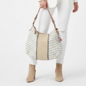 Jasper & Jeera Boho Fringe Beaded Cream Silver Striped‎ Hobo Bag